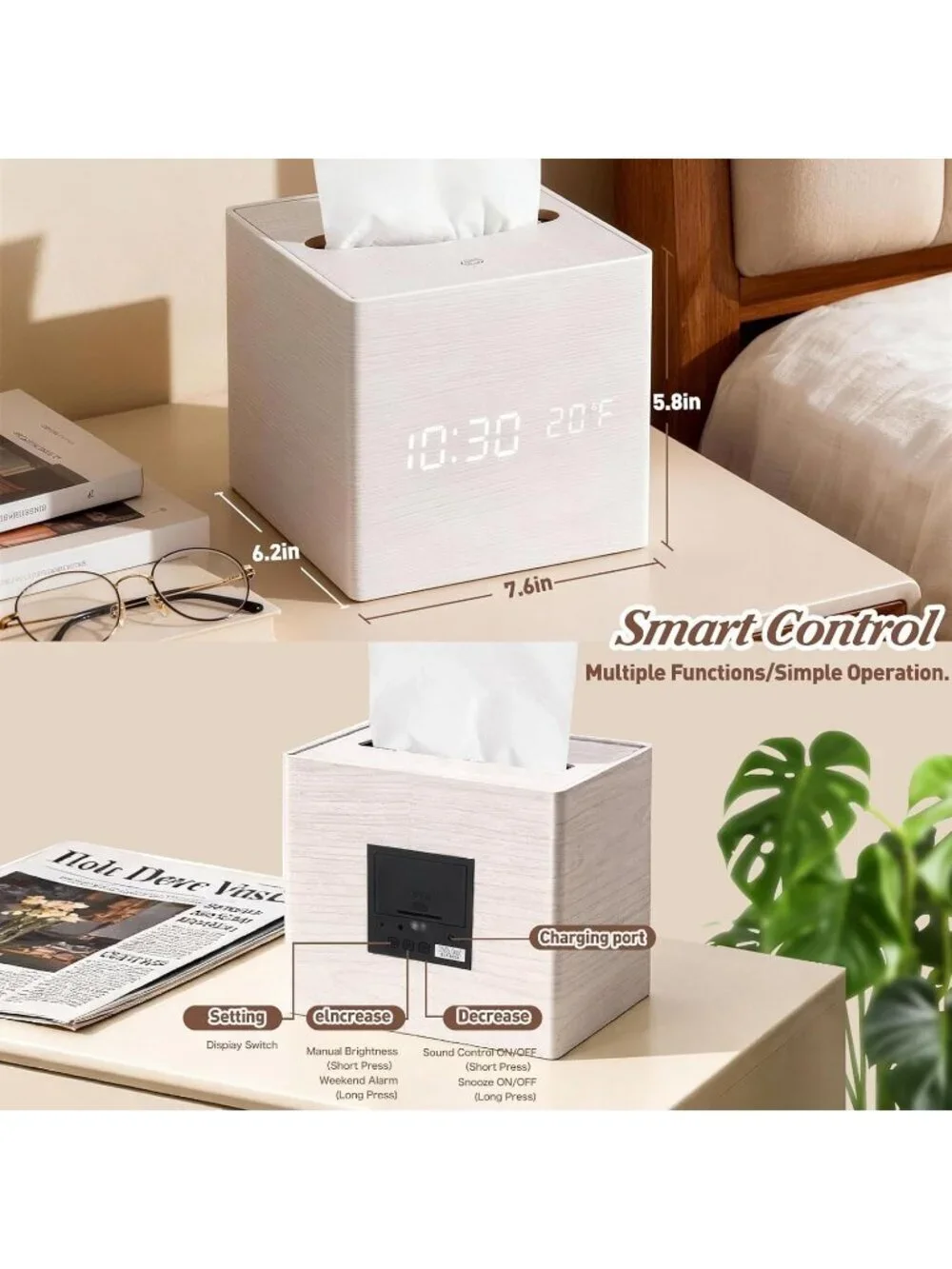 Home White Digital Cordless Alarm Temperature Display Wooden Tissue Box Clock